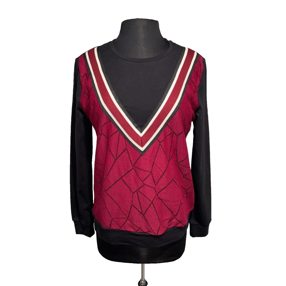 NWT Yest Varsity V-Stripe Sweatshirt Size 6 Black‎ Magenta Geometric Sporty Chic